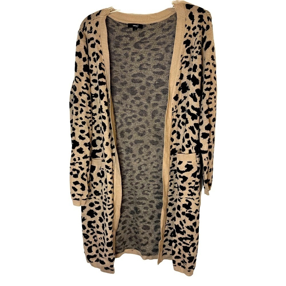Very J Long Line Open Front Angora Blend Cheetah Print Sweater.